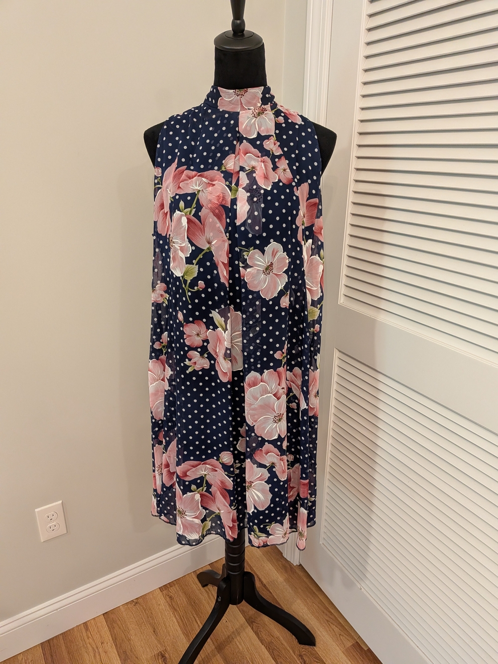 Robbie Bee Navy Floral Polka Dot Sleeveless High-Neck Dress Sise 16